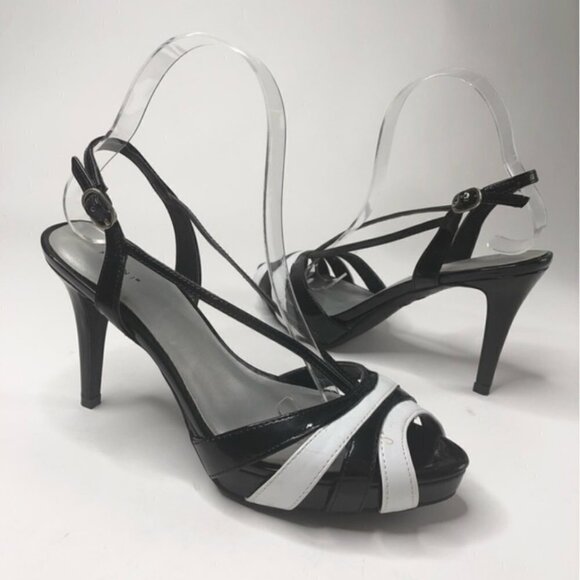 Fioni Miss Puerto Rico Universe Shiny Black White Peep-toe Strappy Heels Sandals - Picture 1 of 13